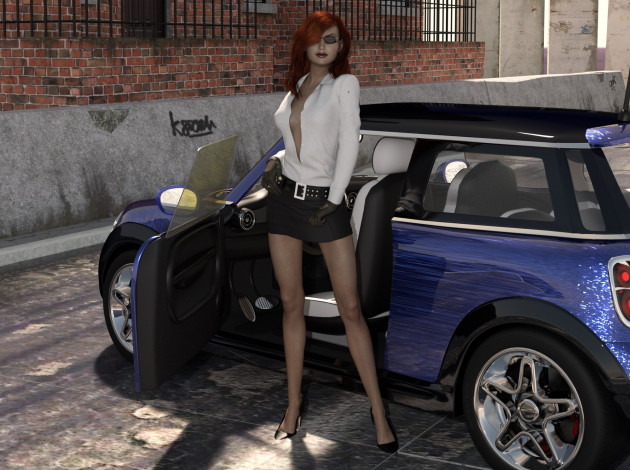 Обои картинки фото 3д графика, люди-авто, мото , people- car ,  moto, автомобиль, фон, взгляд, девушка