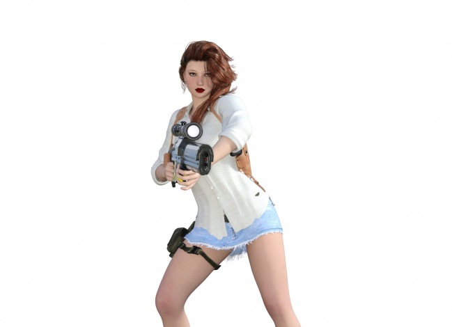 Обои картинки фото 3д графика, люди , people, фон, взгляд, девушка, оружие