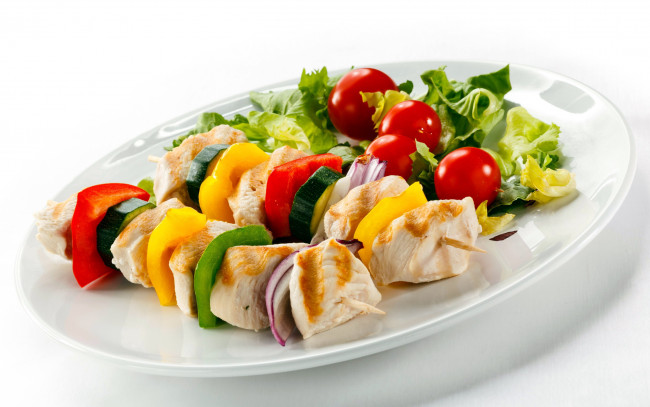 Обои картинки фото еда, шашлык,  барбекю, цуккини, перец, мясо, помидоры