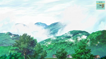 Картинка календари рисованные +векторная+графика 2018 растения холм деревья