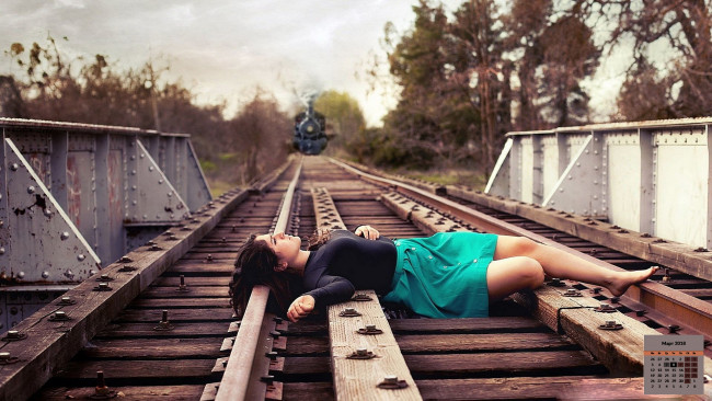 Обои картинки фото календари, девушки, рельсы, поезд, 2018