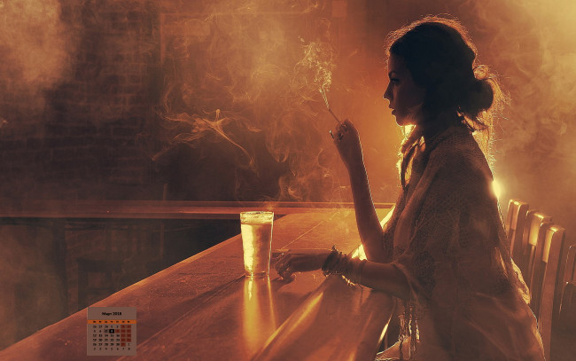 Обои картинки фото календари, девушки, 2018, профиль, сигарета, стакан