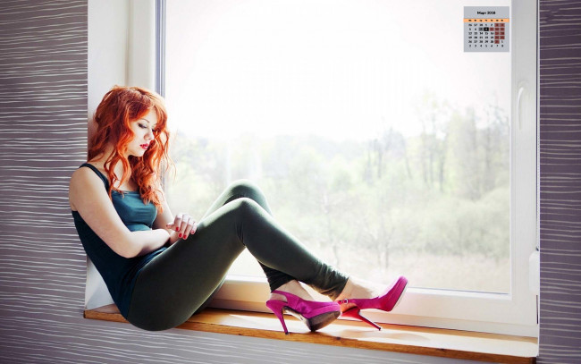 Обои картинки фото календари, девушки, грусть, окно, 2018