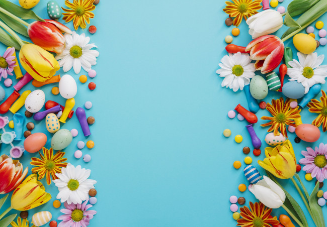 Обои картинки фото праздничные, пасха, весна, праздник, flowers, easter, blue, candies, colorful