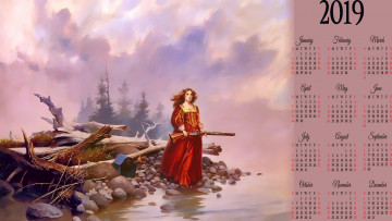 Картинка календари фэнтези водоем девушка оружие