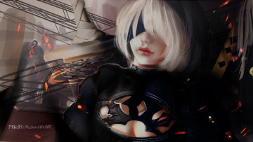 Картинка видео+игры nier +automata фон повязка девушка