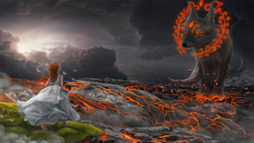 Картинка фэнтези красавицы+и+чудовища девочка платье фон лава животное