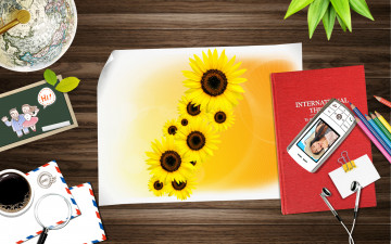 Картинка разное компьютерный+дизайн подсолнухи карандаши телефон книга открытка конверты кофе