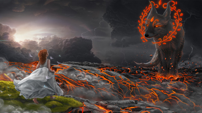 Обои картинки фото фэнтези, красавицы и чудовища, девочка, платье, фон, лава, животное