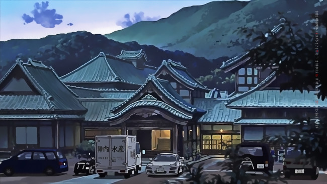 Обои картинки фото календари, аниме, машина, calendar, 2020, здание, дом, гора, автомобиль