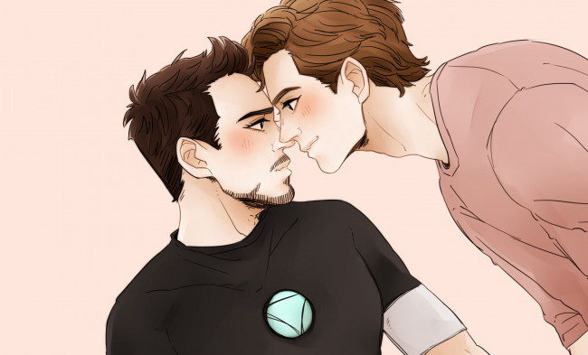 Обои картинки фото рисованное, кино, роберт, дауни, мл, тони, старк, питер, паркер, человек, паук, железный, том, холланд