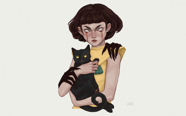 Обои картинки фото фэнтези, демоны, девочка, кровь, руки, кот