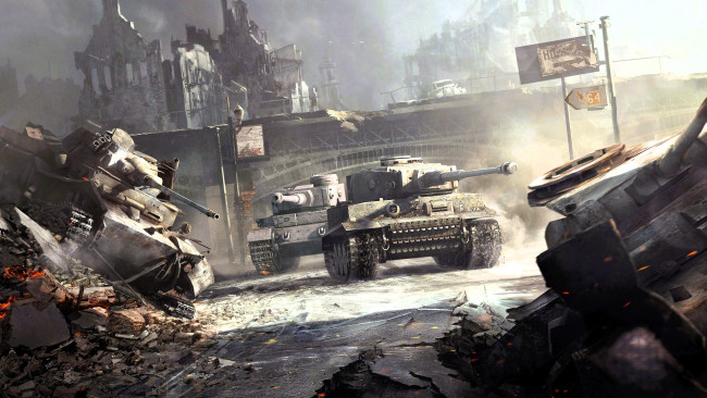 Обои картинки фото видео игры, world of tanks, танк, мост, город, развалины
