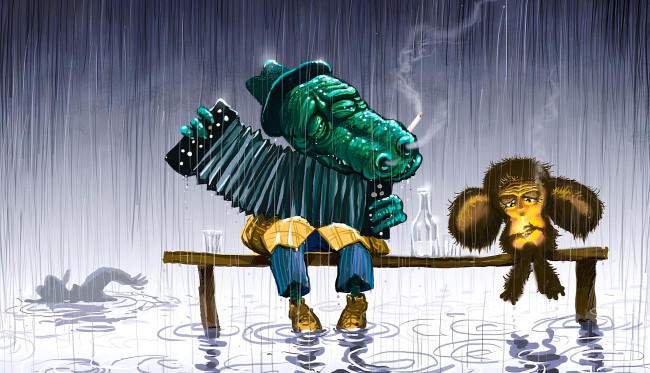 Обои картинки фото юмор и приколы, крокодил, гена, чебурашка, гармошка, дождь, вода, скамейка