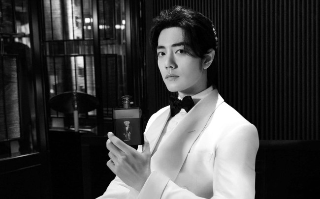 Обои картинки фото мужчины, xiao zhan, актер, пиджак, бабочка, одеколон