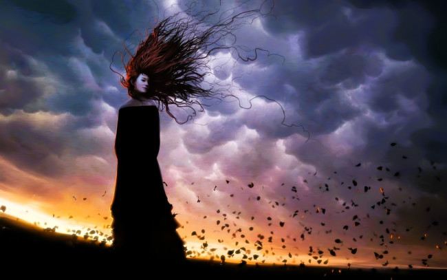 Обои картинки фото рисованное, люди, девушка, рыжая, ветер, тучи, листья