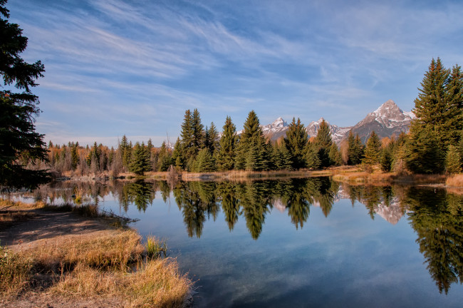 Обои картинки фото природа, реки, озера, река, озеро, ели, лес, деревья, горы, солнечно