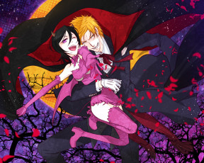Картинка аниме bleach блич арт хеллоуин лепестки маскарад ичиго куросаки рукия кучики ветви луна вампир дьяволица улыбки парень девушка брюнетка рыжий