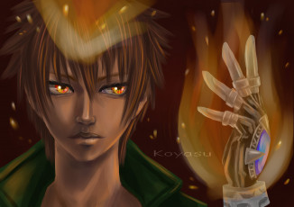 Картинка аниме katekyo+hitman+reborn шатен парень савада тцуна арт реборн учитель мафиози взгляд перчатка рука пламя посмертной воли искры