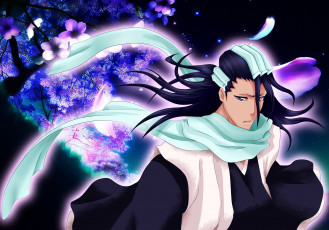Картинка аниме bleach парень брюнет ветви шарф взгляд кучики сияние капитан шестого отряда цветы