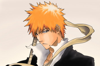 Картинка аниме bleach блич лицо парень взгляд ичиго куросаки лента белый фон рыжий