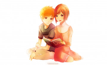 Картинка аниме bleach орихиме белый фон книга ичиго арт сияние девочка улыбки мальчик блич