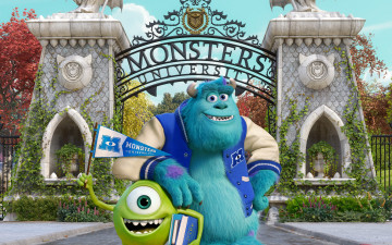 Картинка monsters+university мультфильмы университет монстров друзья студенты кампус мультфильм академия корпорация статуи ворота
