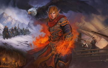 Картинка фэнтези эльфы птица огонь парень корабль эльф горы