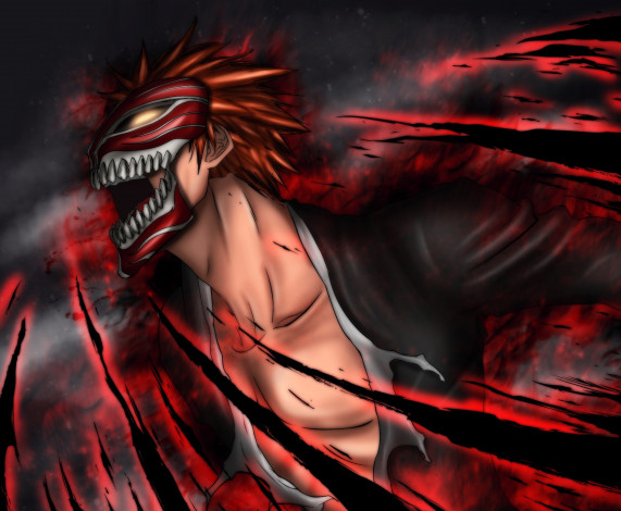 Обои картинки фото аниме, bleach, маска, крик, банкай, парень, куросаки, рыжий, ичиго, гецуга, блич, пустой