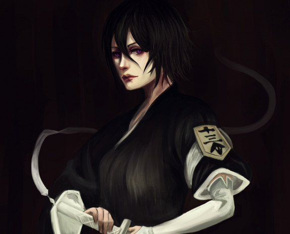 Обои картинки фото аниме, bleach, брюнетка, рукия, блич, арт, девушка, занпакто, шинигами, взгляд