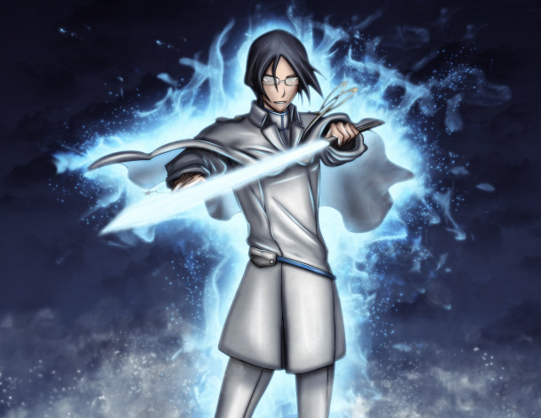 Обои картинки фото аниме, bleach, духовные, частицы, зели-шнайдер, искры, парень, брюнет, исида, урю, квинси, очки