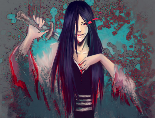 Обои картинки фото аниме, bleach, арт, улыбка, занпакто, отряда, шестого, кучики, капитан, бьякуя, блич, кровь