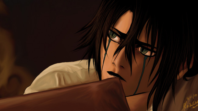 Обои картинки фото аниме, bleach, улькиорра, шиффер, аранкар, парень, брюнет, блич, арт, зелёные, глаза, лицо, портрет