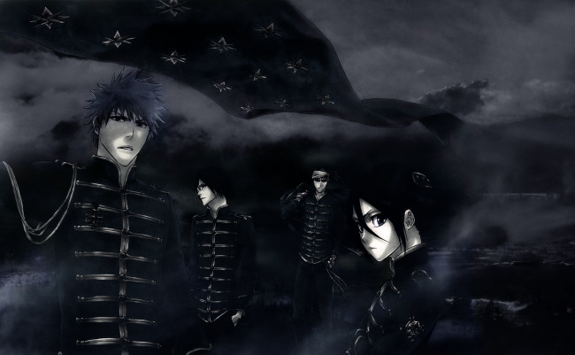 Обои картинки фото аниме, bleach, форма, исида, абарай, ночь, небо, облака, рукия, ичиго, блич, урю, чёрно-белая, кучики, куросаки, ренджи