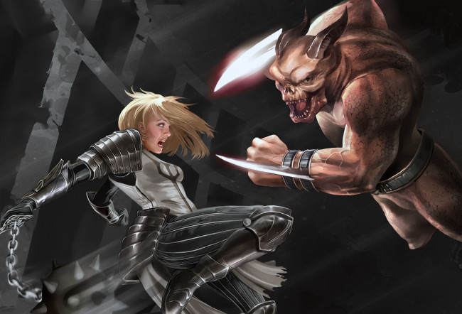 Обои картинки фото diablo iii, видео игры, crusader, diablo, 3, движение, оружие, монстр, битва, девушка