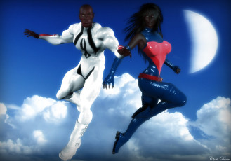 Картинка 3д+графика фантазия+ fantasy девушка облака луна мужчина фон взгляд полет