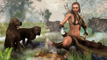 Картинка 3д+графика фантазия+ fantasy взгляд девушка собаки лук фон