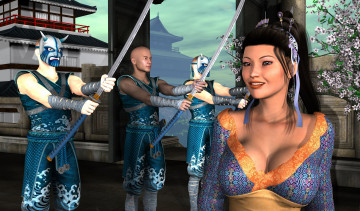 Картинка 3д+графика люди+ people фон взгляд оружие воины девушка