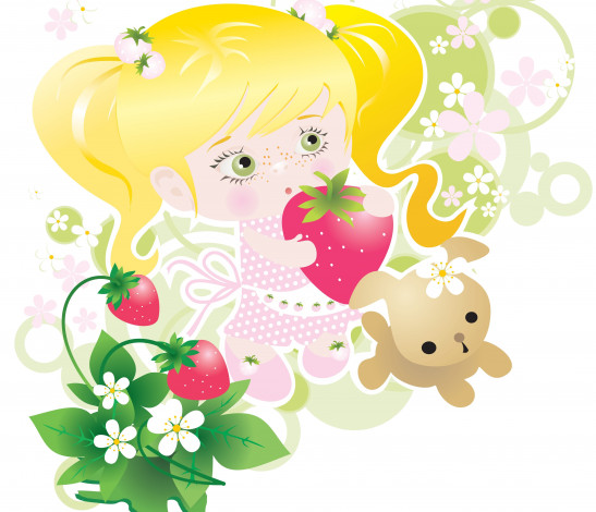 Обои картинки фото векторная графика, дети, игрушка, клубника, фон, взгляд, девушка