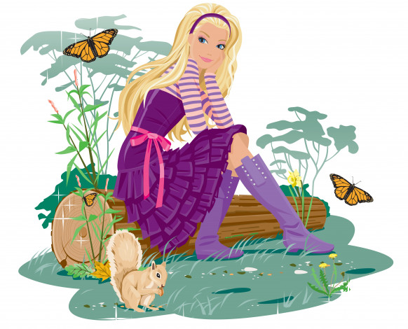 Обои картинки фото векторная графика, дети, бабочки, белочка, фон, бревно, растения, цветы, взгляд, девочка, пояс, платье