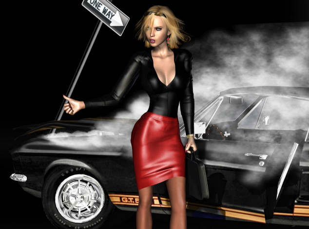 Обои картинки фото 3д графика, люди , people, девушка, взгляд, фон, автомобиль