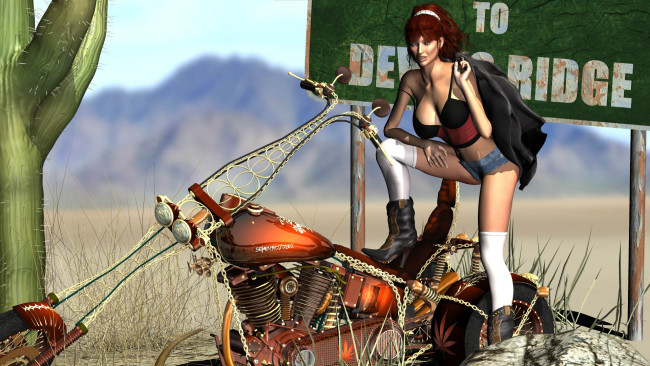 Обои картинки фото 3д графика, люди , people, девушка, взгляд, фон, мотоцикл