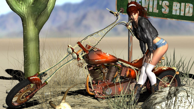 Обои картинки фото 3д графика, люди , people, девушка, взгляд, фон, мотоцикл