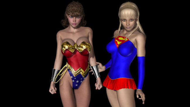Обои картинки фото 3д графика, люди , people, взгляд, супермены, девушки, фон
