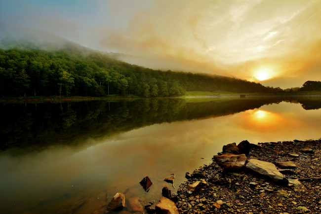 Обои картинки фото природа, восходы, закаты, деревья, осень, река