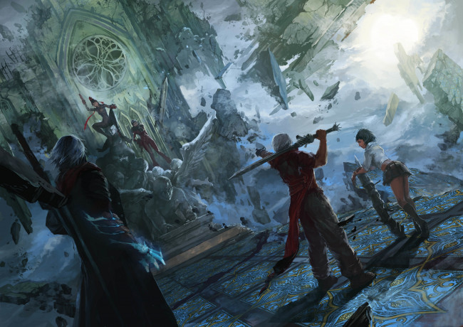 Обои картинки фото видео игры, devil may cry, bayonetta, jeanne, dante, nero, lady, devil, may, cry, art, crossover, ведьма, меч, демон, полукровка