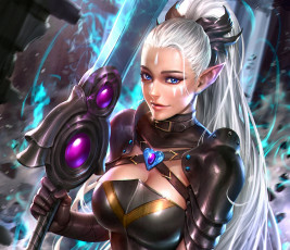 Картинка фэнтези эльфы грудь воин adalia меч девушка взгляд красота волосы лицо уши