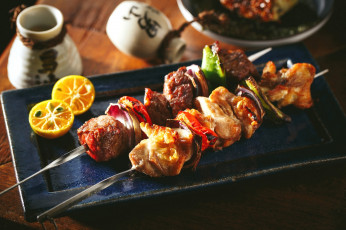 Картинка еда шашлык +барбекю лимон овощи мясо