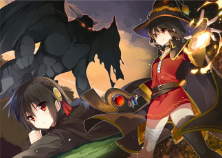 Картинка аниме kono+subarashii+sekai+ni+shukufuku+wo девушки взгляд фон