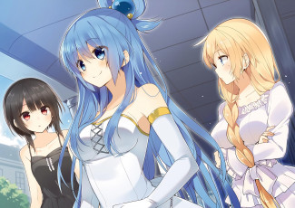 Картинка аниме kono+subarashii+sekai+ni+shukufuku+wo девушки взгляд фон